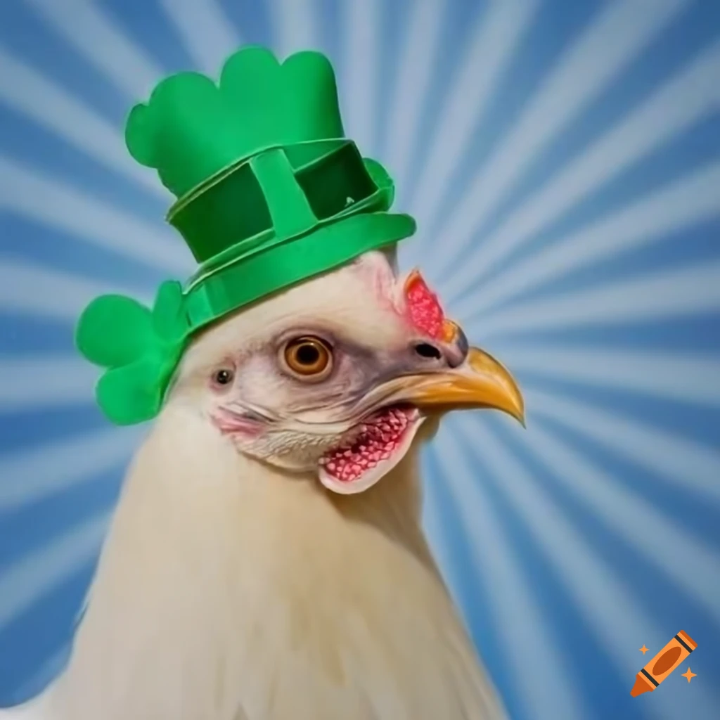 White chicken wearing a shamrock hat on starburst background