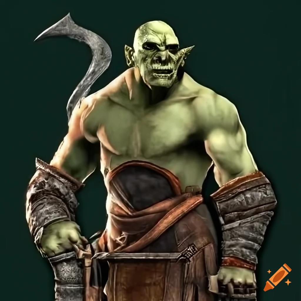 Muscular Orc blacksmith forging weapons in a fantasy setting