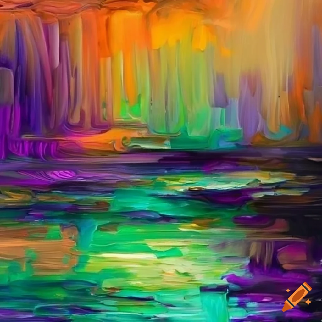 Vibrant abstract oil painting in modern art style with orange, violet
