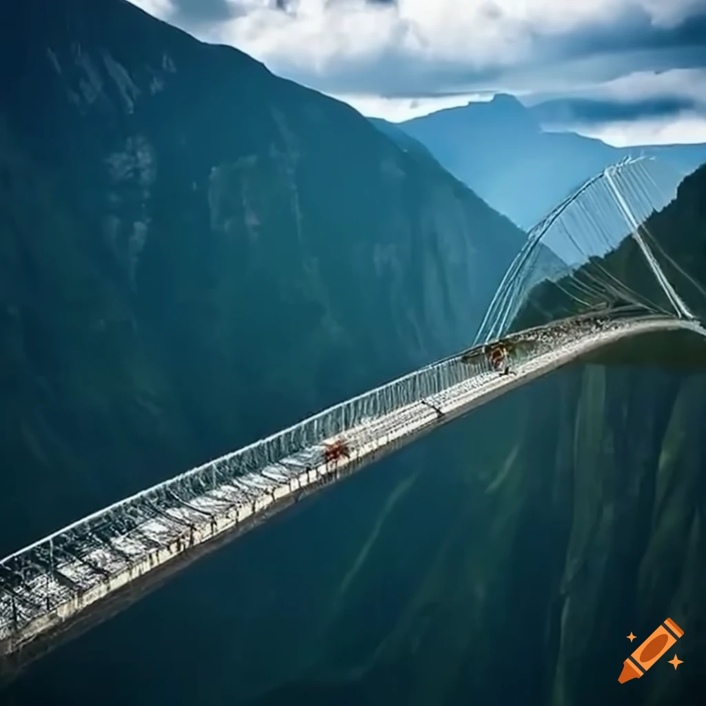 Motorbike traveling on a beautiful Tibetan bridge in a breathtaking landscape
