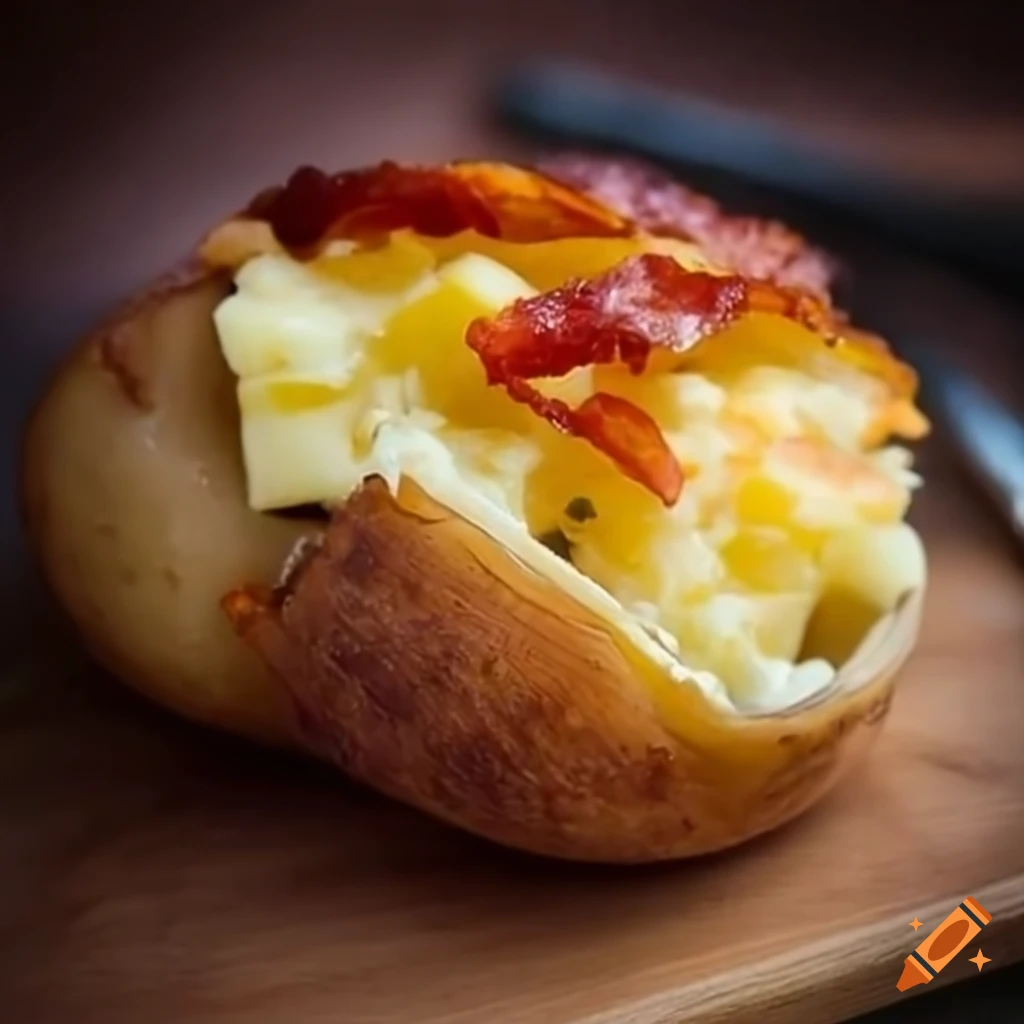 Jacket potato stuffed with cheese and crispy bacon on Craiyon