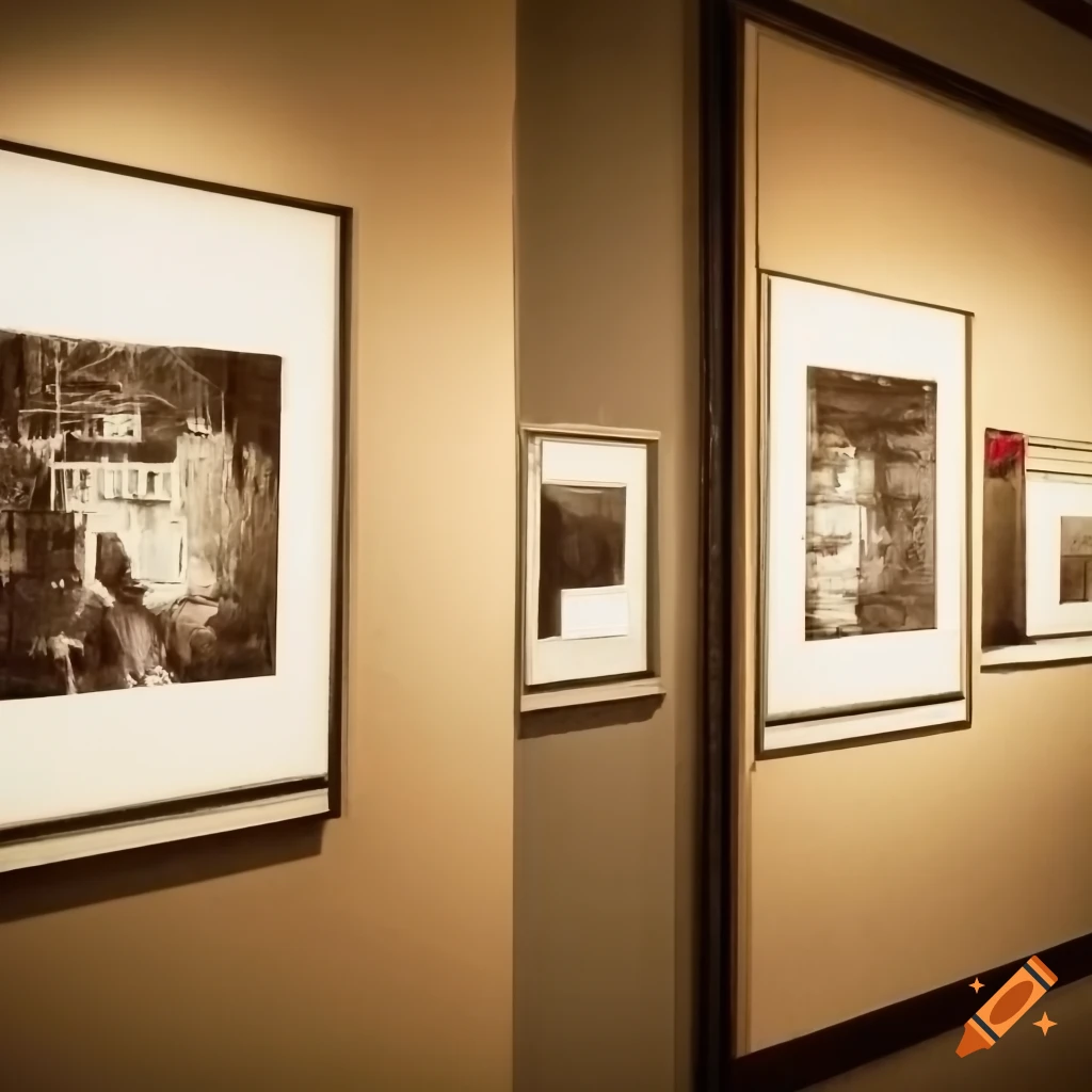 Corridor filled with framed paintings and photographs with two men walking