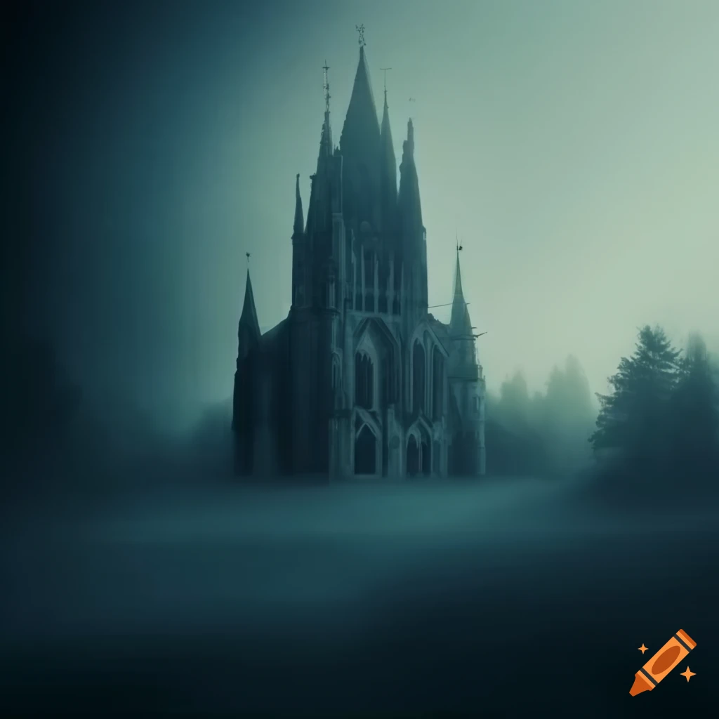 Dark cathedral in the fog