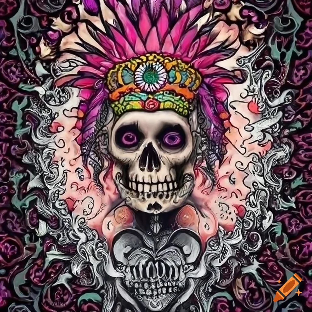 Day of the Dead skull figure with a regal headdress and a sun as heart on waves, intricate tattoo design