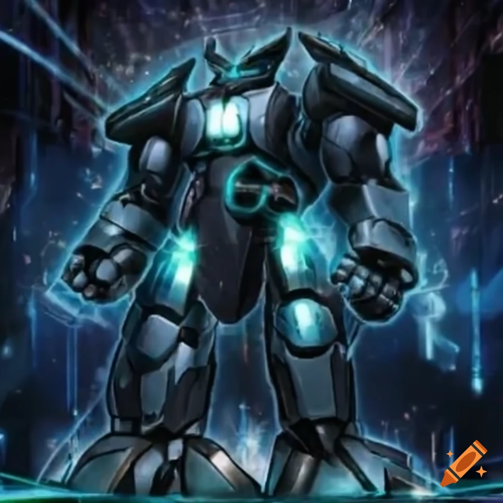 Mecha robots in an epic space battle with a Yu-Gi-Oh style