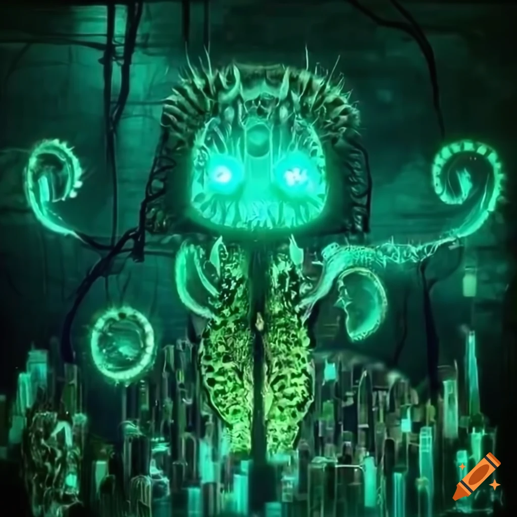 Biopunk Venus flytrap creature in a moss-covered cityscape with cybernetic medical technology