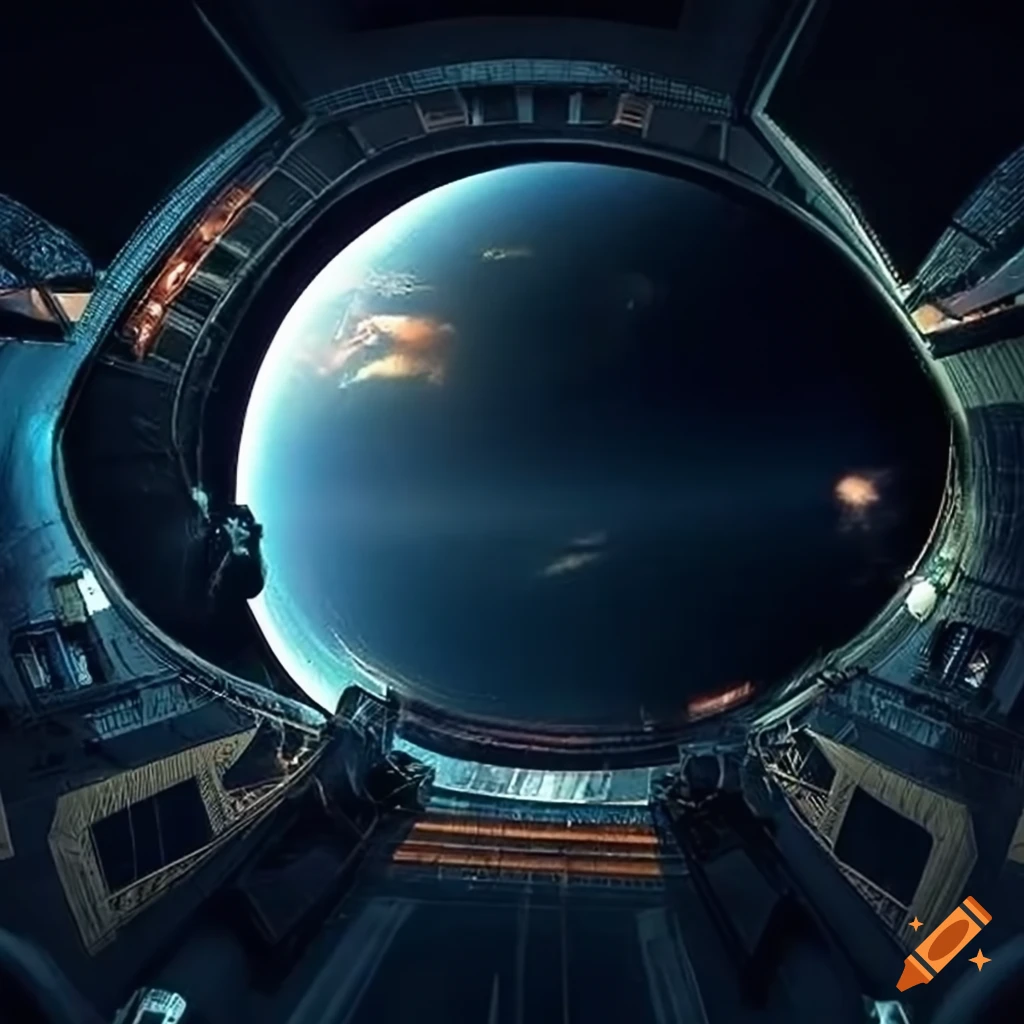 Inside of a rocket resembling a stadium with a park on the lower floor