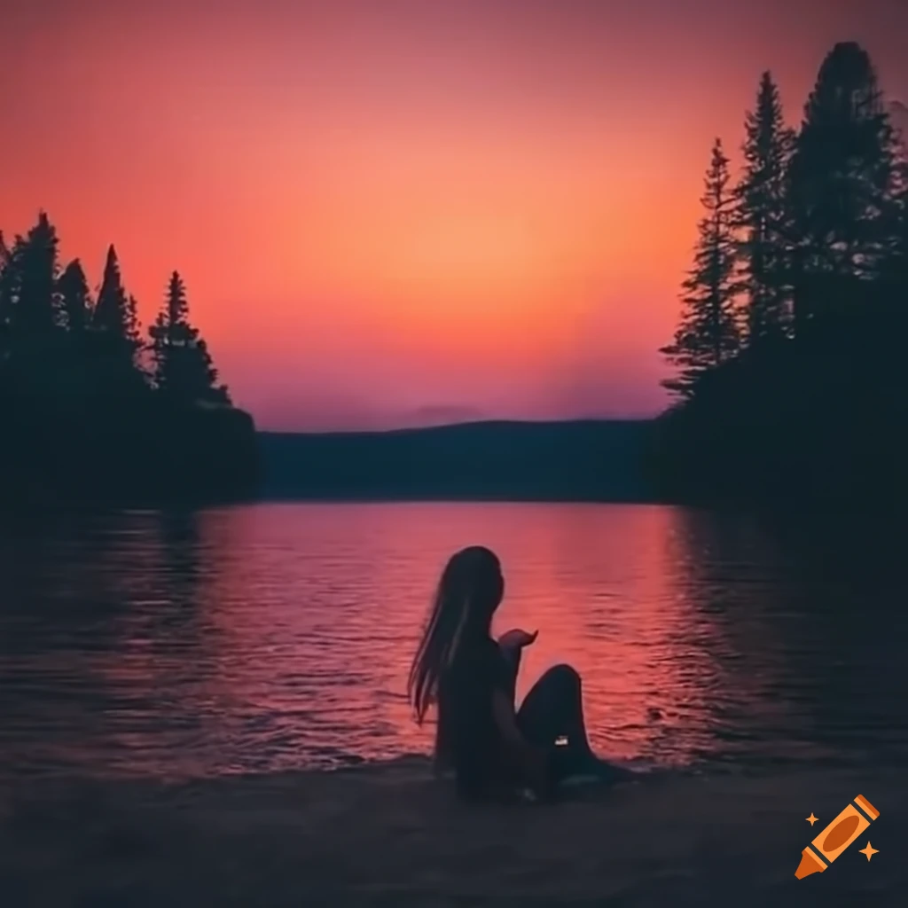 Girl sitting by a lake at sunset on Craiyon