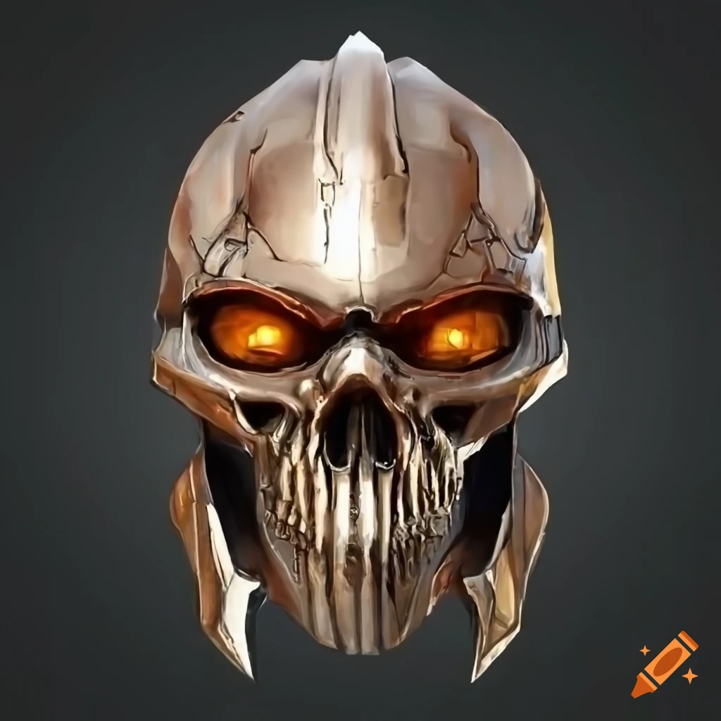 Character with metallic skull-like helmet and orange eyes