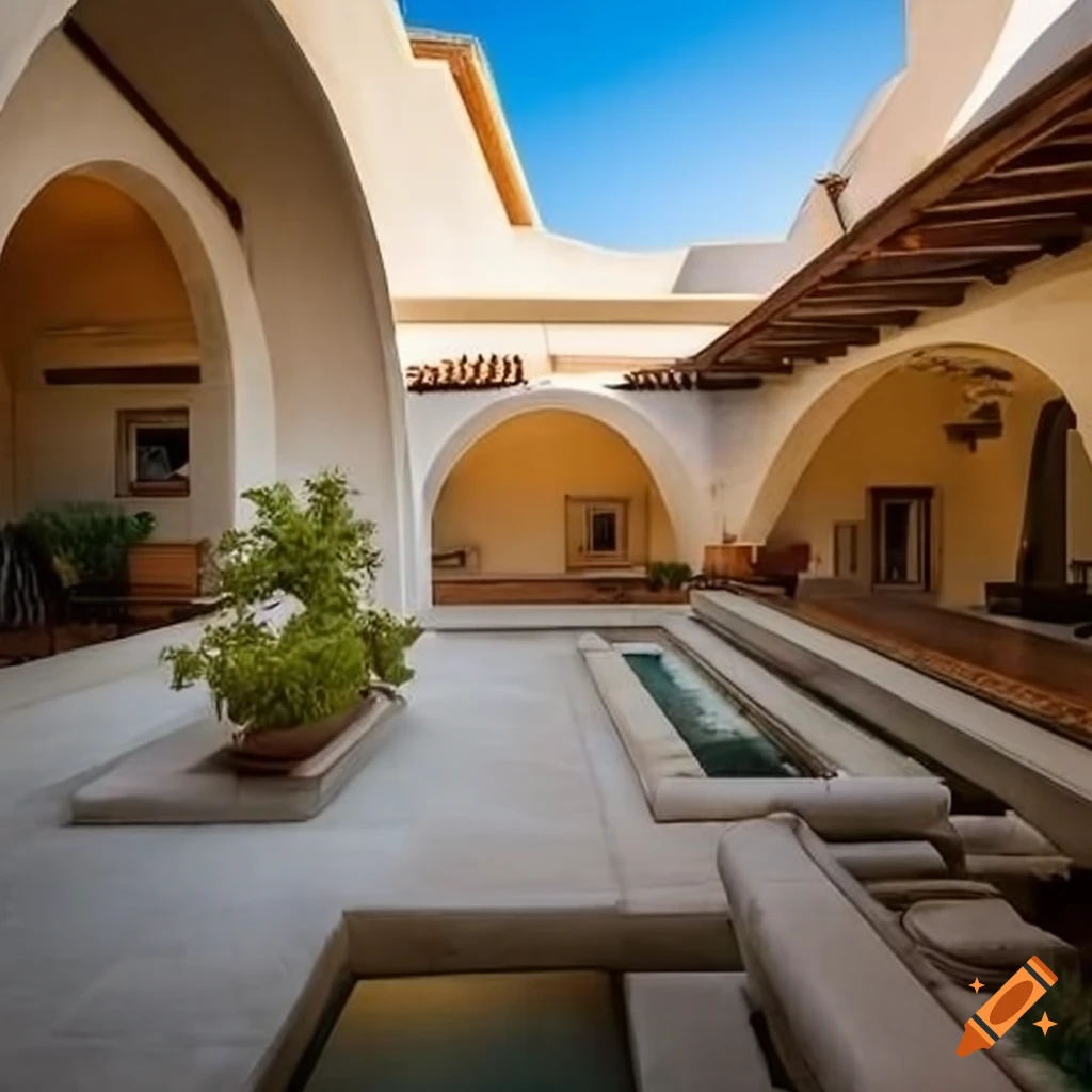 Serene Greek courtyard with elegant architecture and crystal clear pool