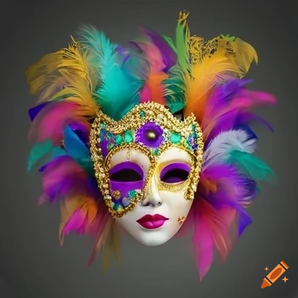 Mardi Gras mask design resembling a Venetian palace float with vibrant colors and feathers
