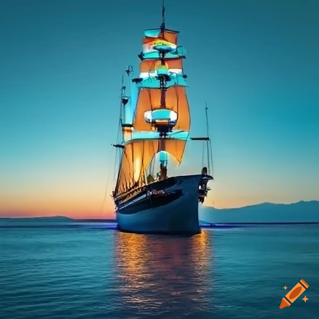 Grand ship with sparkling lights and palm trees arriving at port