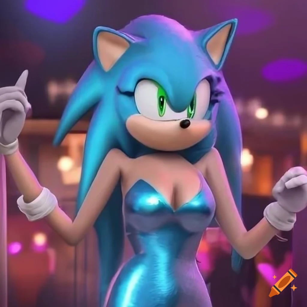 Female Sonic the Hedgehog in a shiny blue mini dress at a nightclub