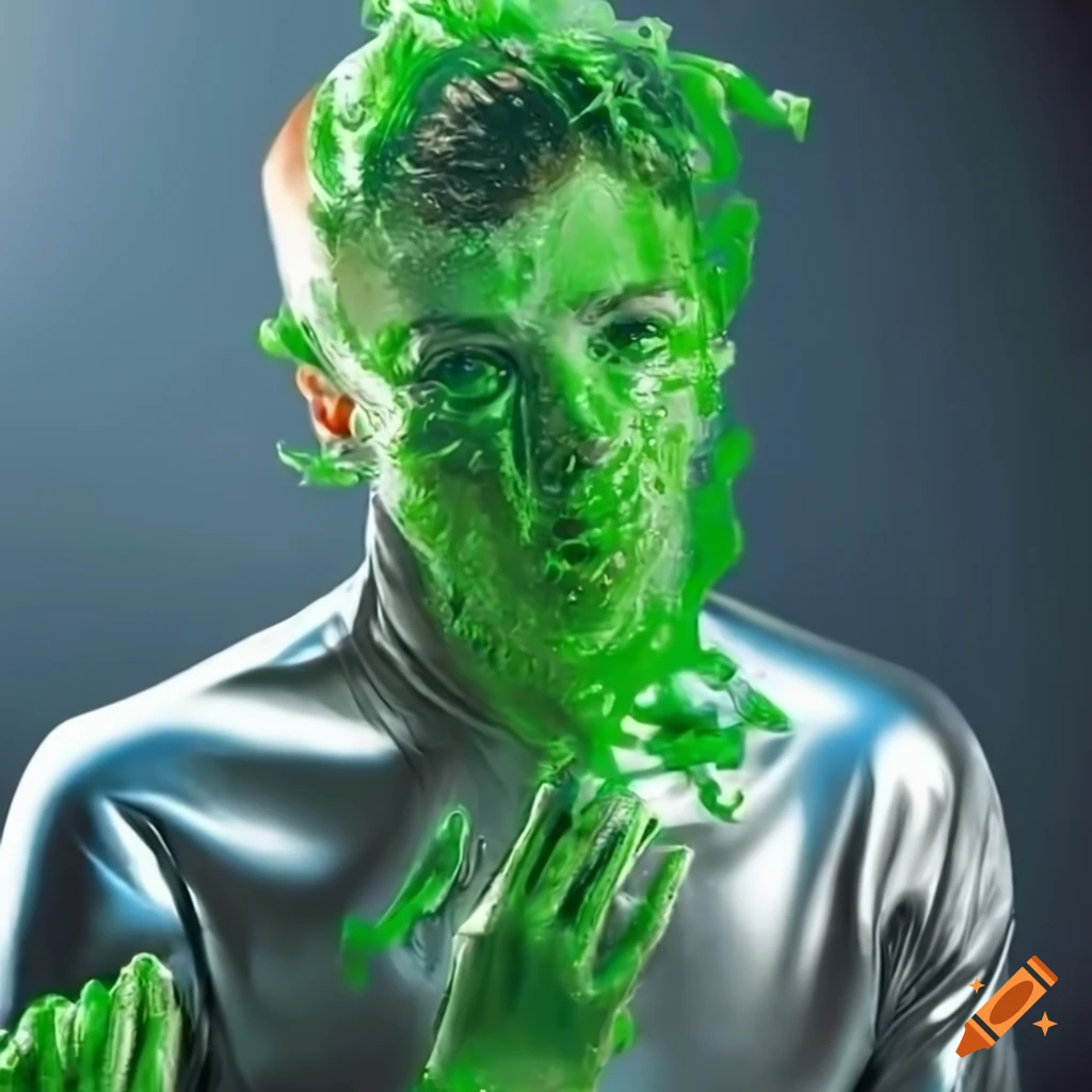 Male college student in sci-fi academy uniform covered in green slime