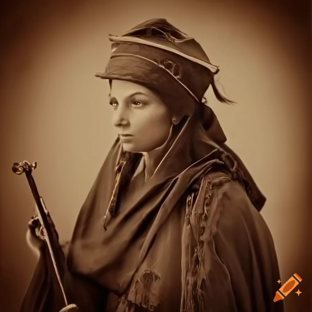 Sepia-toned portrait of an intense Italian mountain woman with various traits