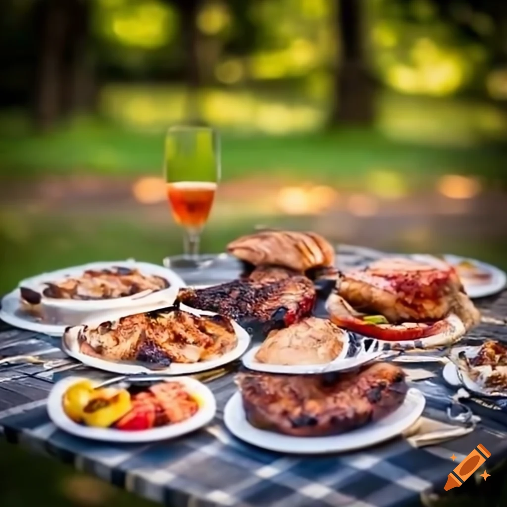 Backyard BBQ food on a picnic table