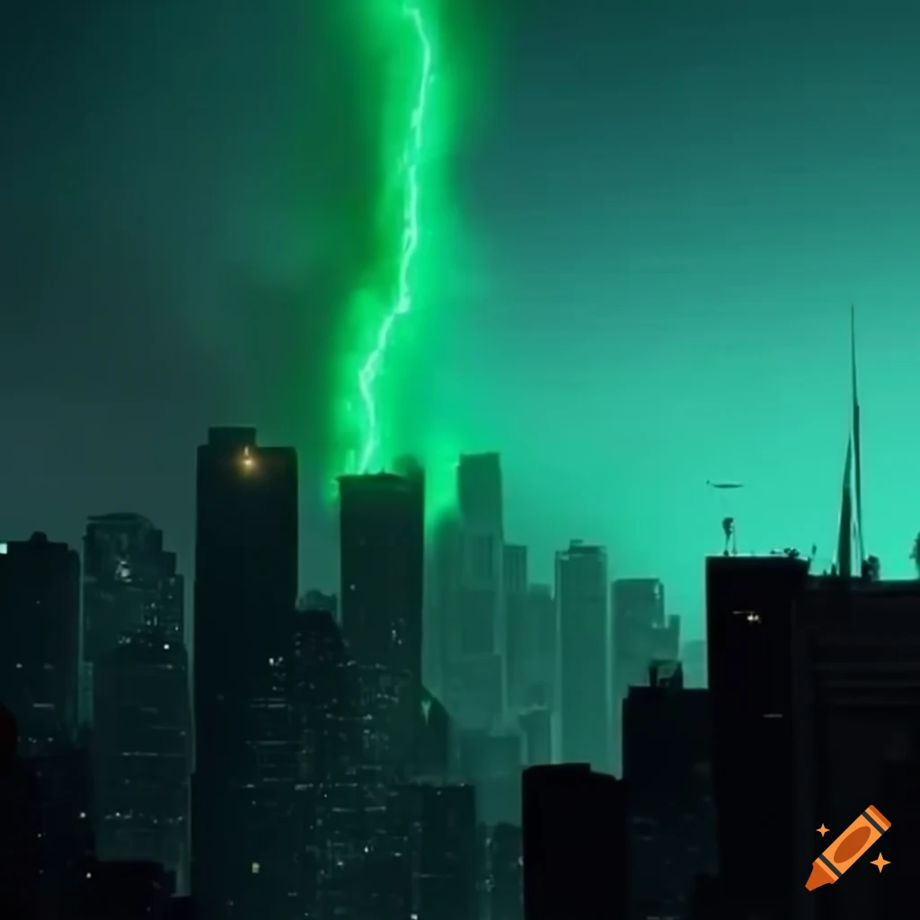 Metropolitan city under attack with green fires and chaos at night on
