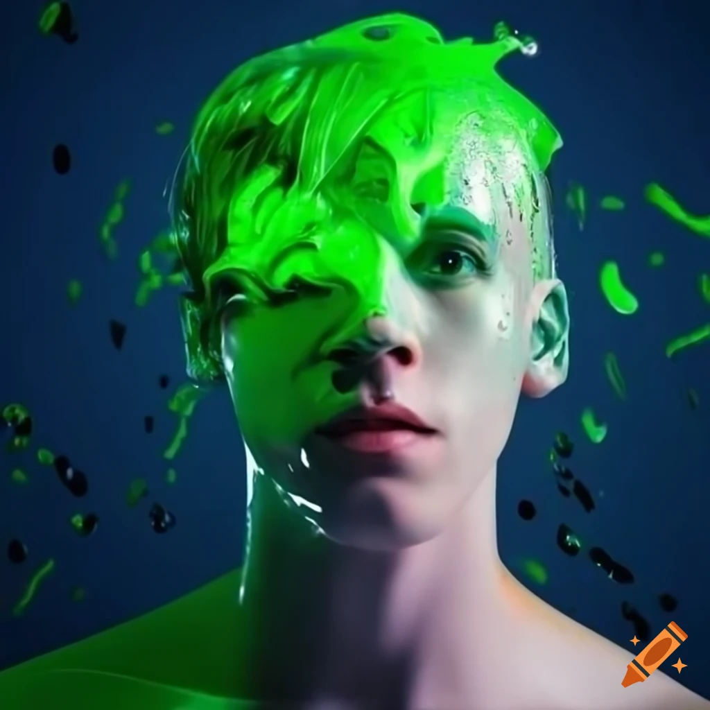 Male college student in sci-fi silver spandex uniform covered in green slime
