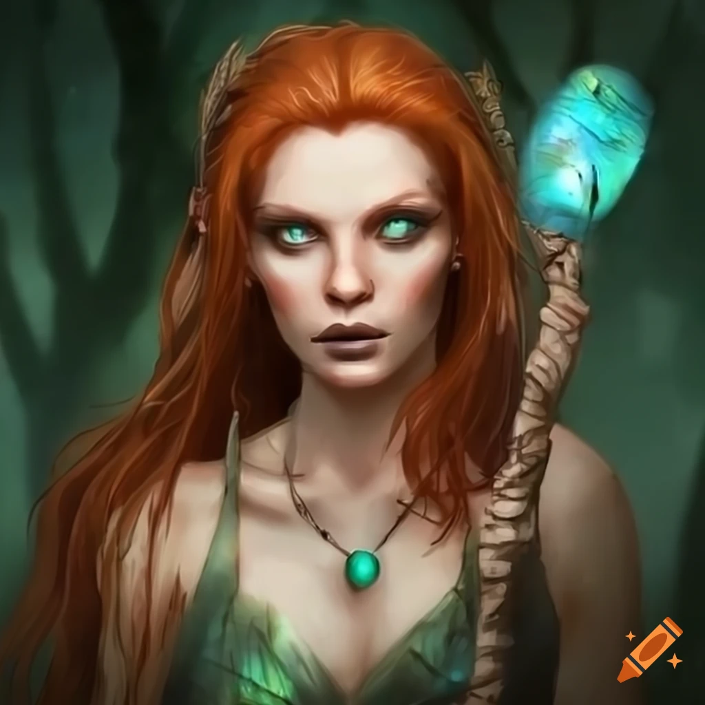 Red haired druidess with green eyes holding a feywild labradorite staff