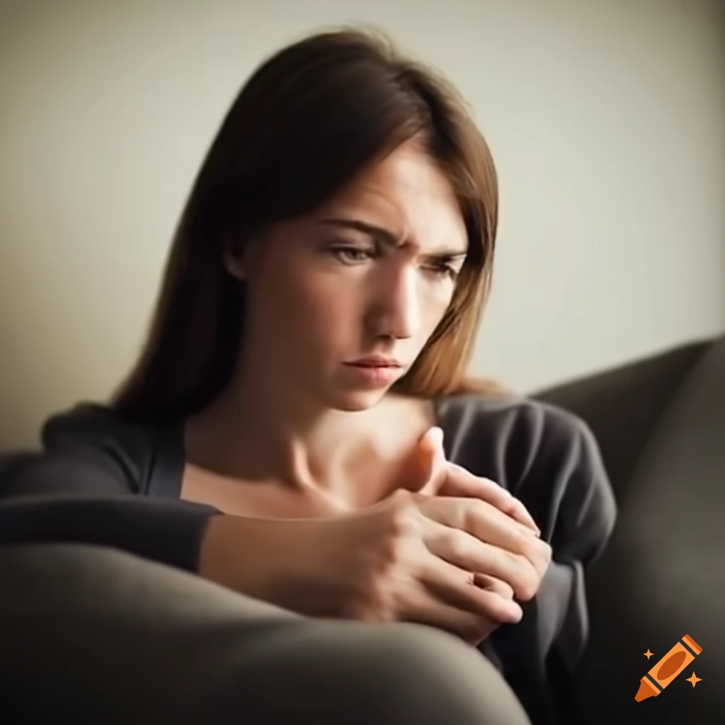 Concerned woman on couch