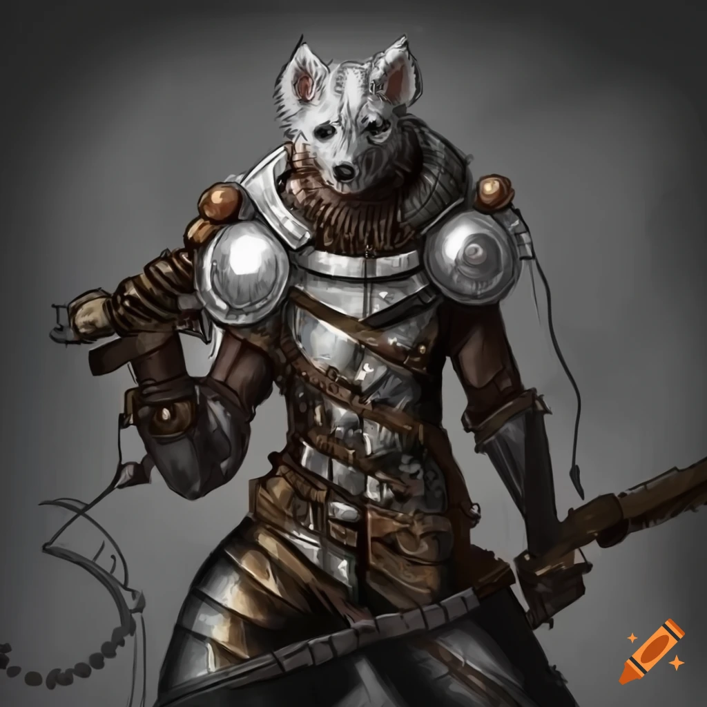 Muscular steampunk hyena soldier in metal armor with gears