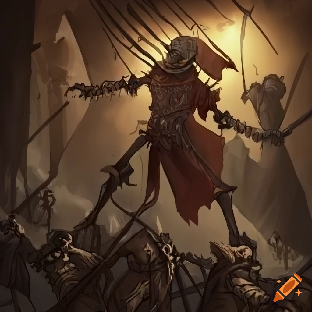 Army of skeletons fleeing from a cleric in a fantasy setting