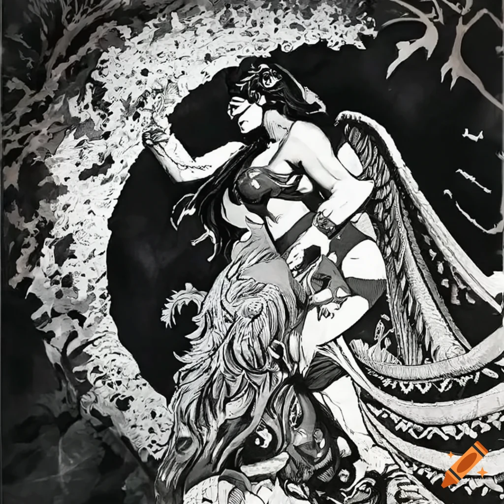 Intricately detailed pen and ink fantasy art of a powerful winged woman ...