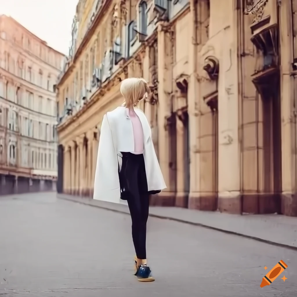 Stylish girl with short blond hair in fashionable clothes on the street