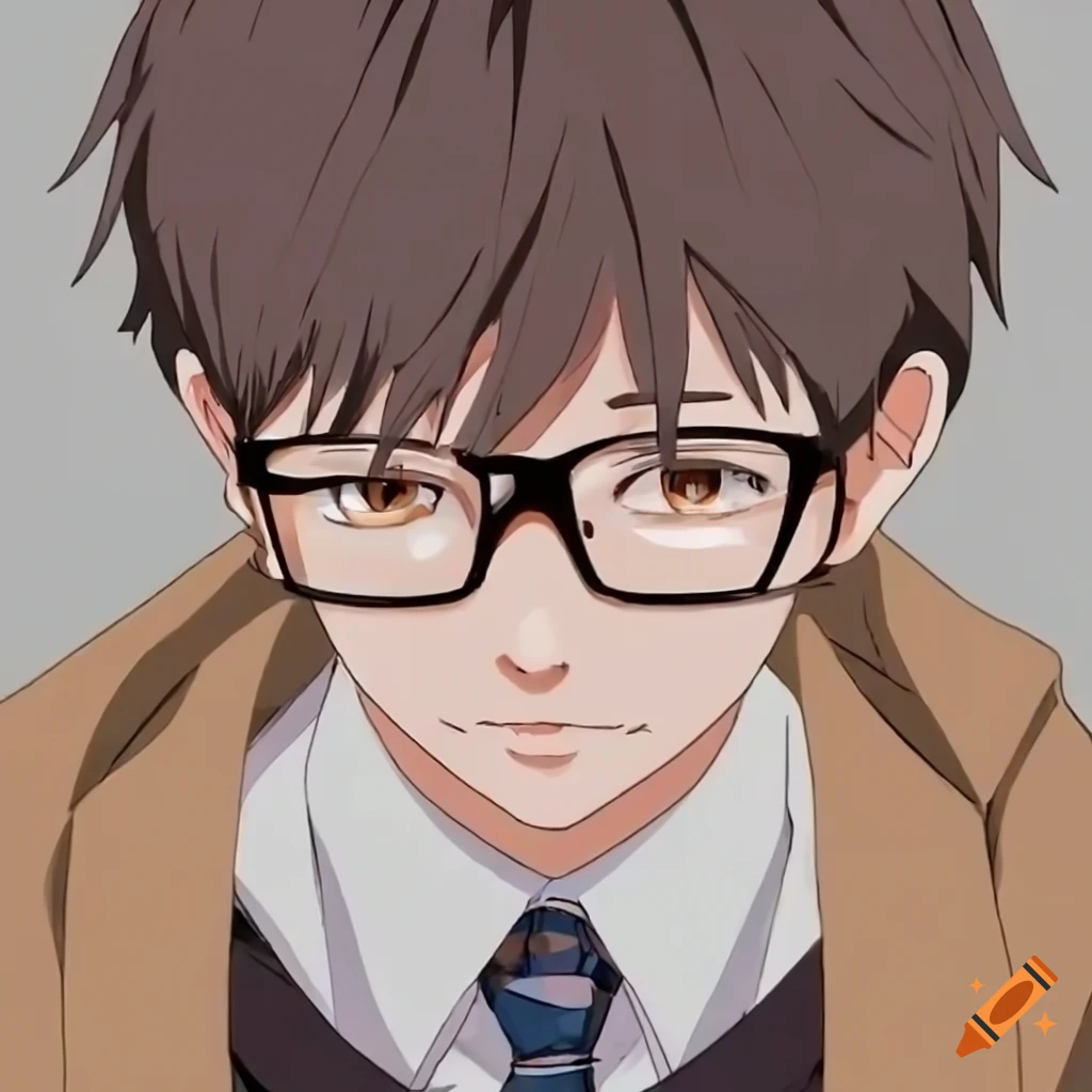 Close-up of anime boy with glasses and cardigan on Craiyon