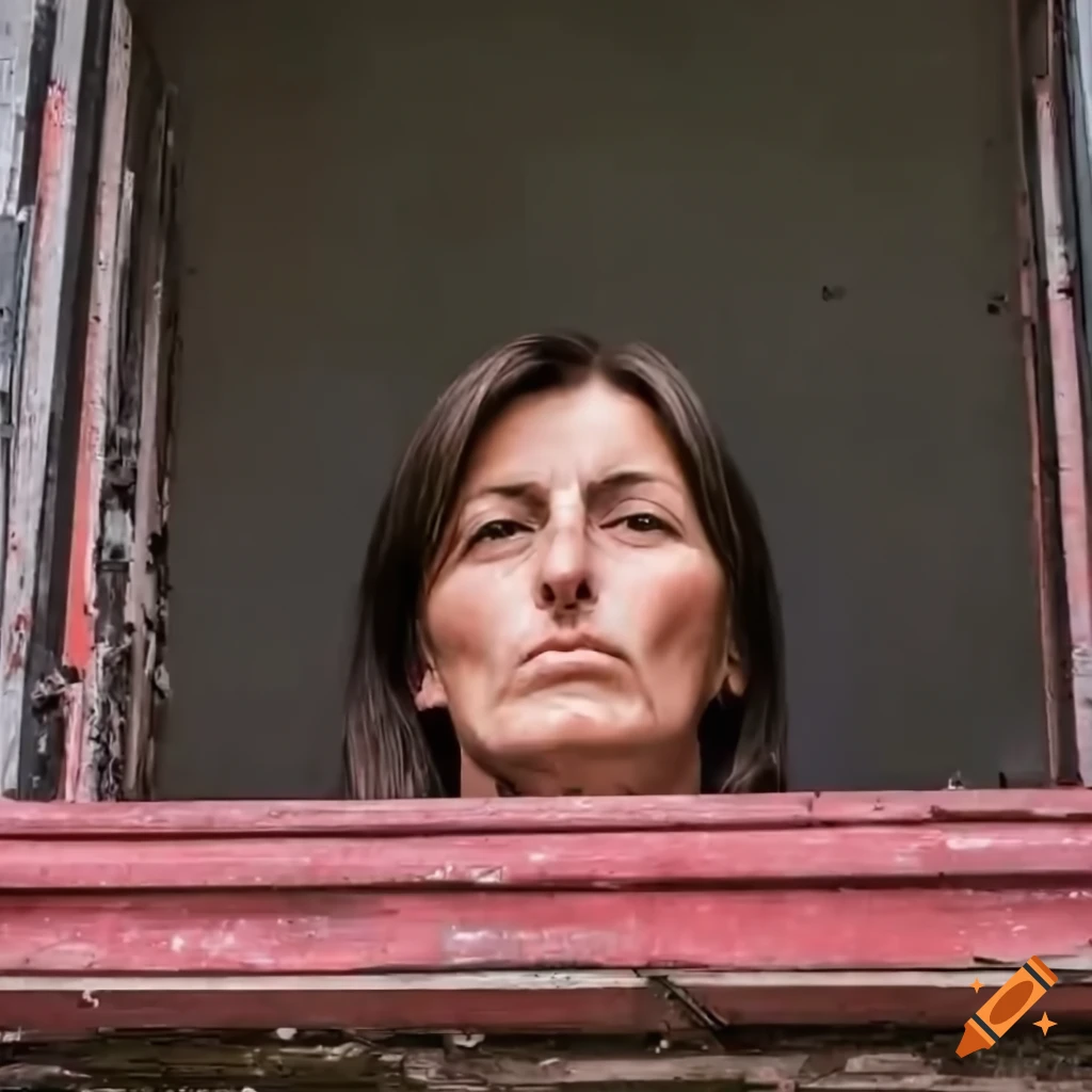 Young woman in red plaid shirt and black leather trousers peeking through derelict building door