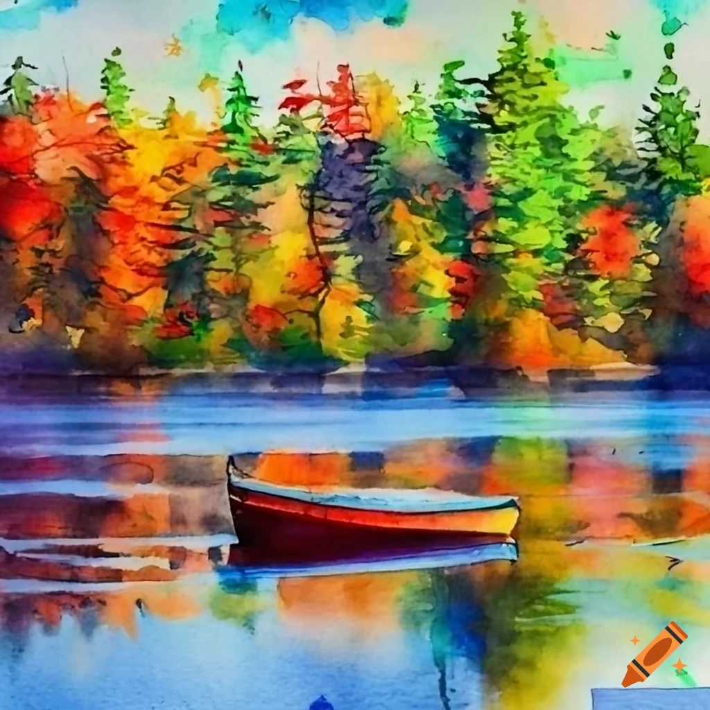 Watercolor painting of Algonquin Park with canoes on the water
