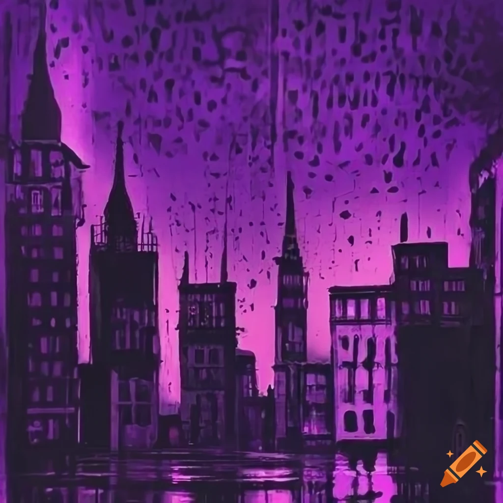 1920s cityscape with neon lights in purple hue under rain