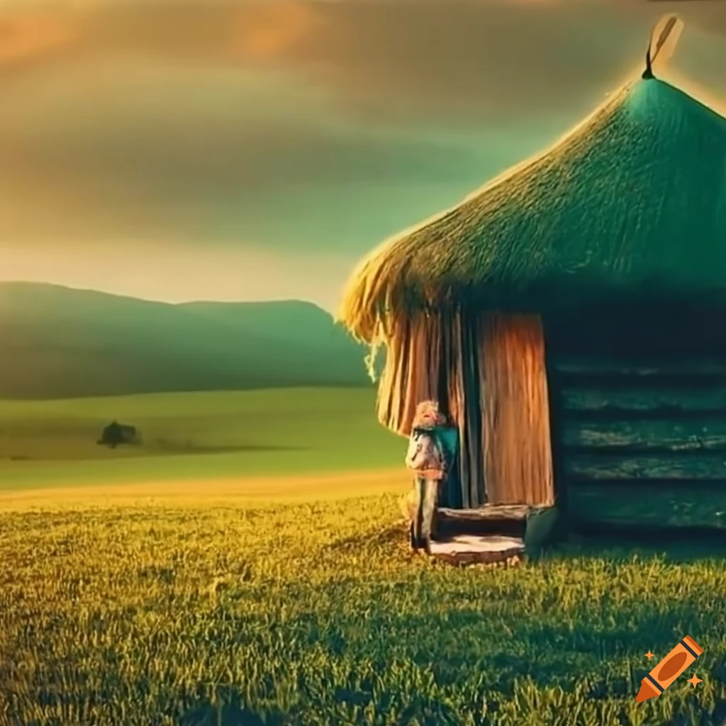 Peaceful green fields with a solitary hut and a boy living alone