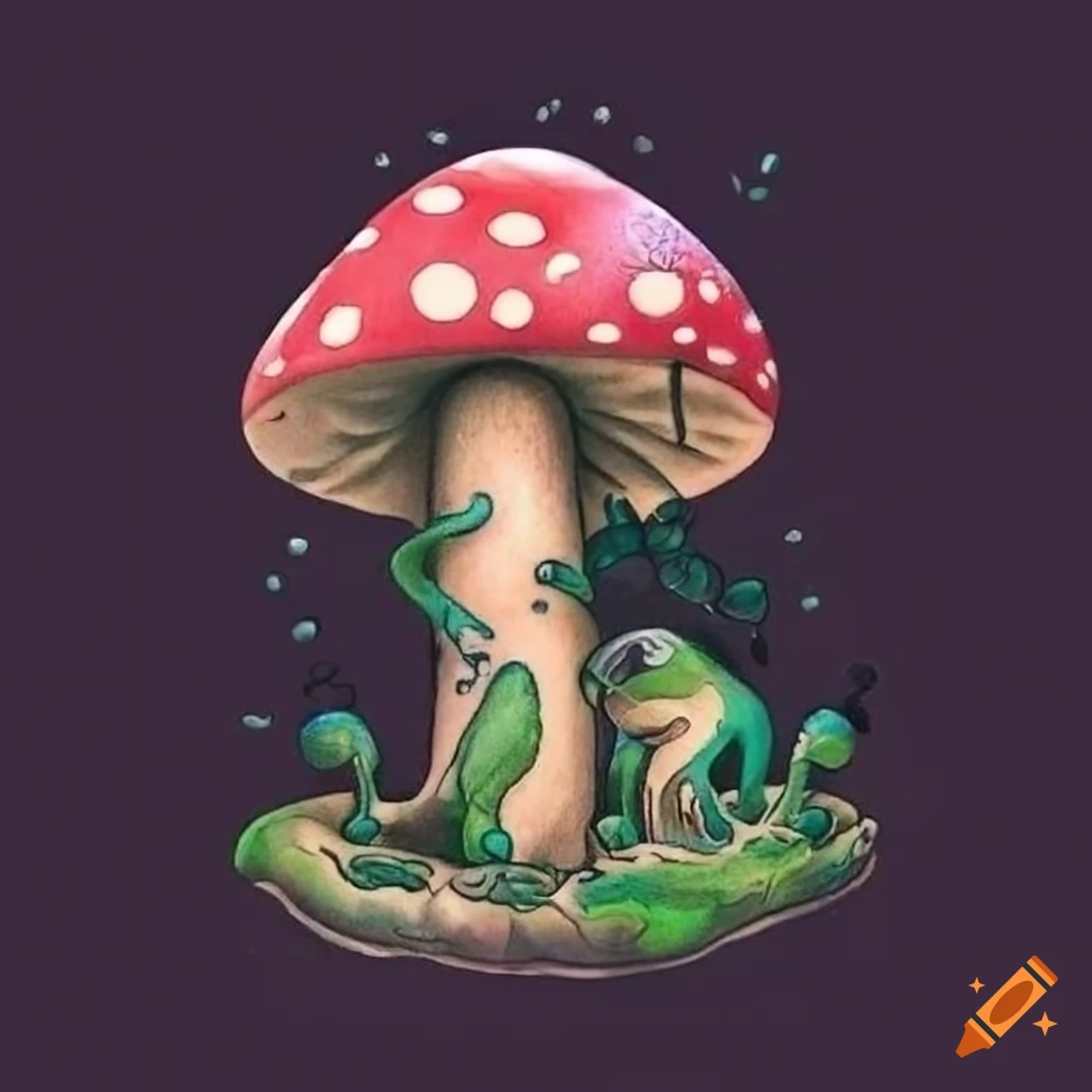 Tattoo of mushroom land with frogs