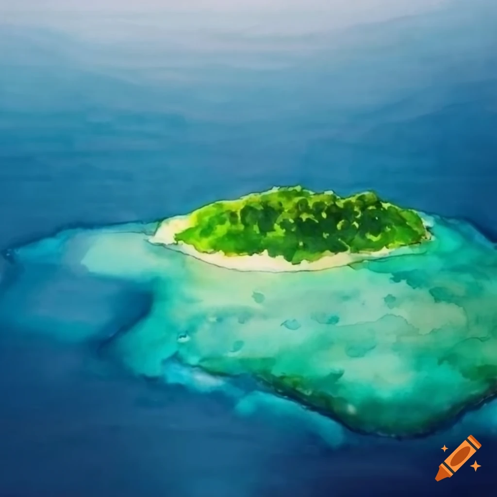Aerial view of a green island in a tranquil blue ocean in watercolor