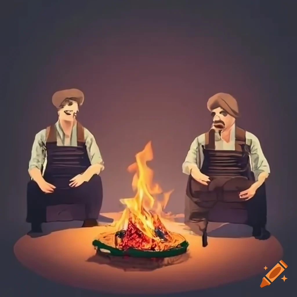 Men enjoying a campfire with a bottle of liquor
