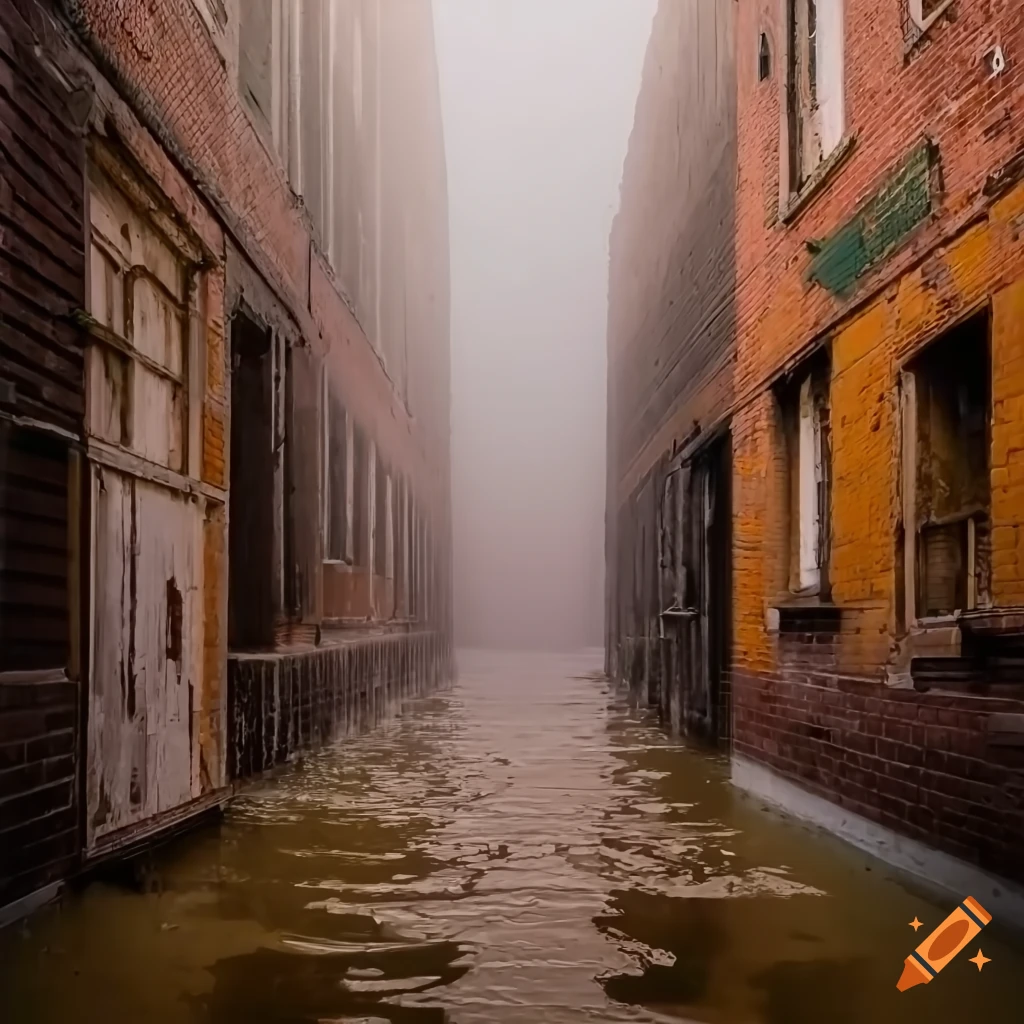 Crumbling flooded door to abandoned buildings sinking into ocean in a dramatic setting