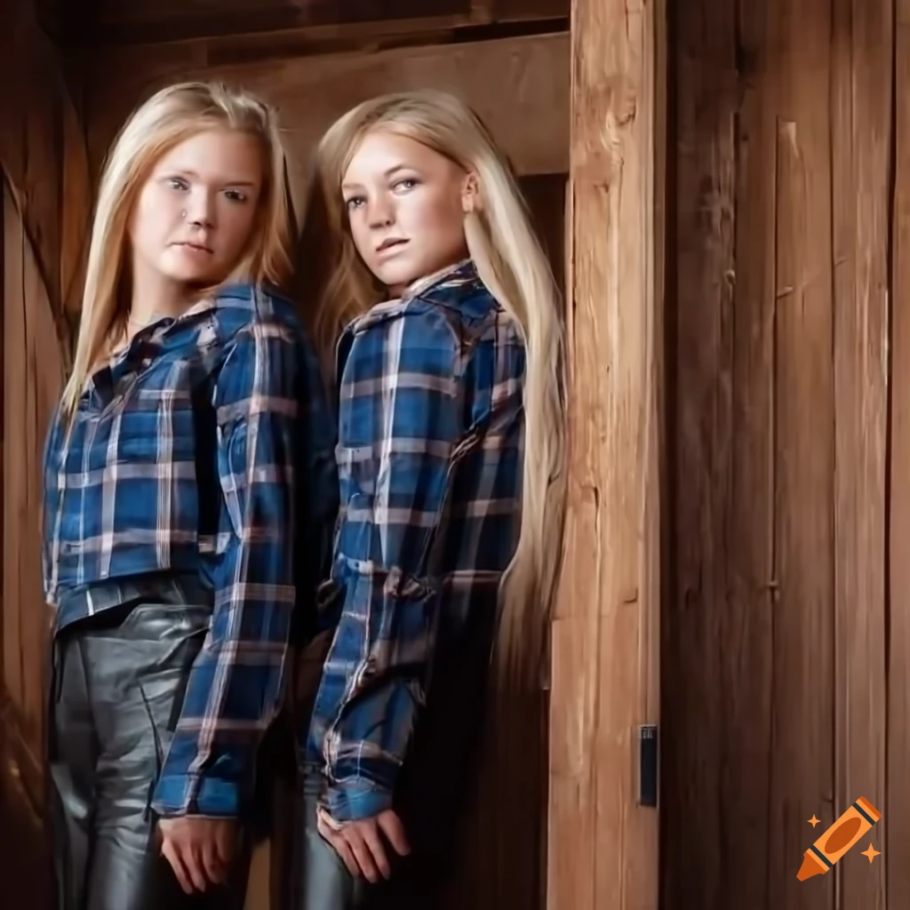 Blonde twins in country attire peeping through barn door