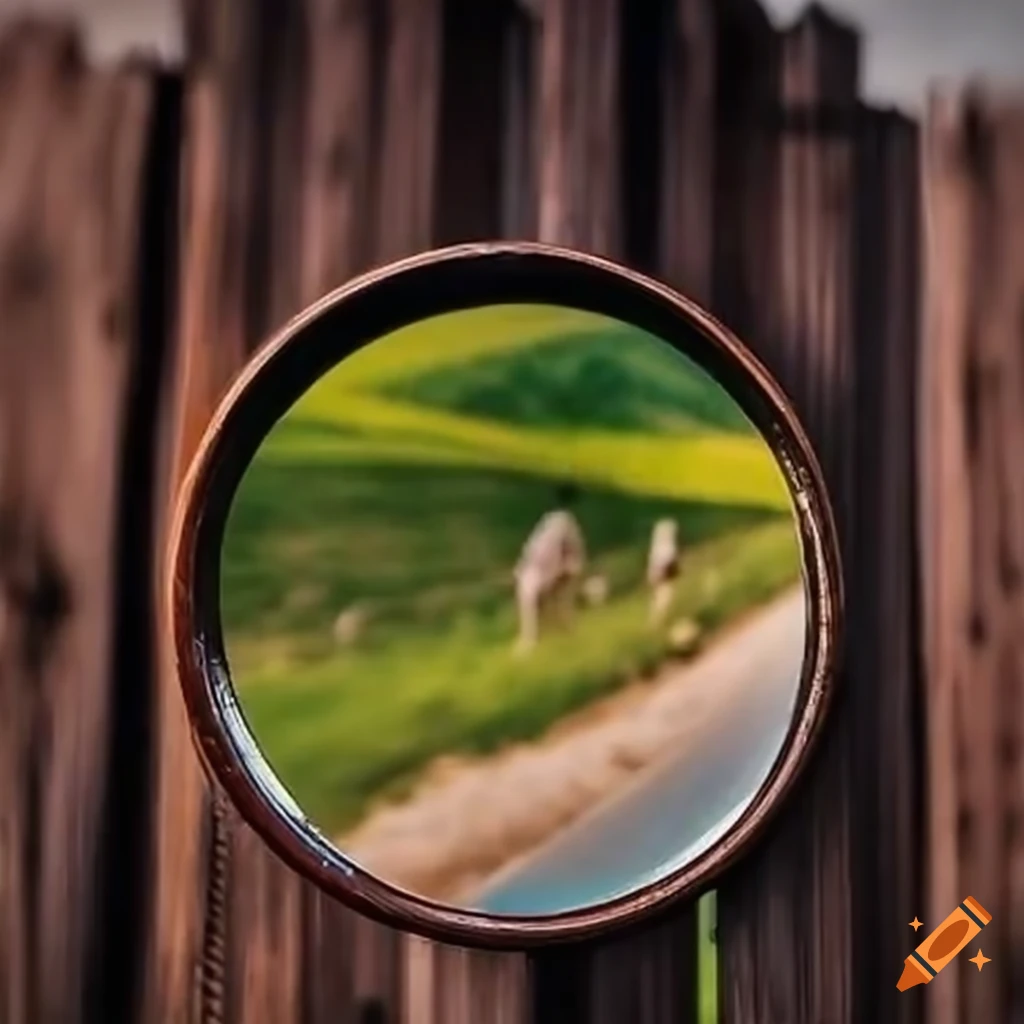 Convex mirror on a wooden Mongolian fence for pedestrian safety