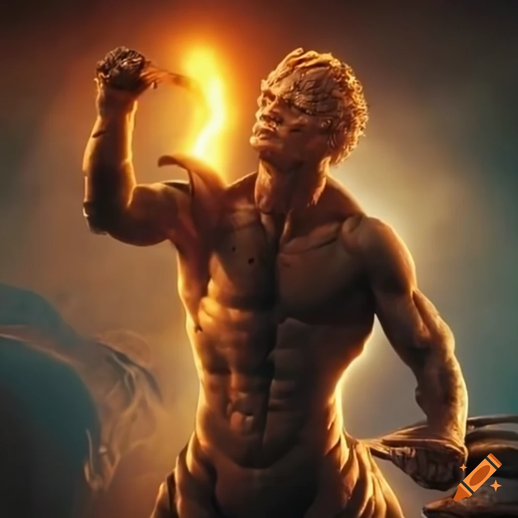 Prometheus igniting a torch in a fiery forge