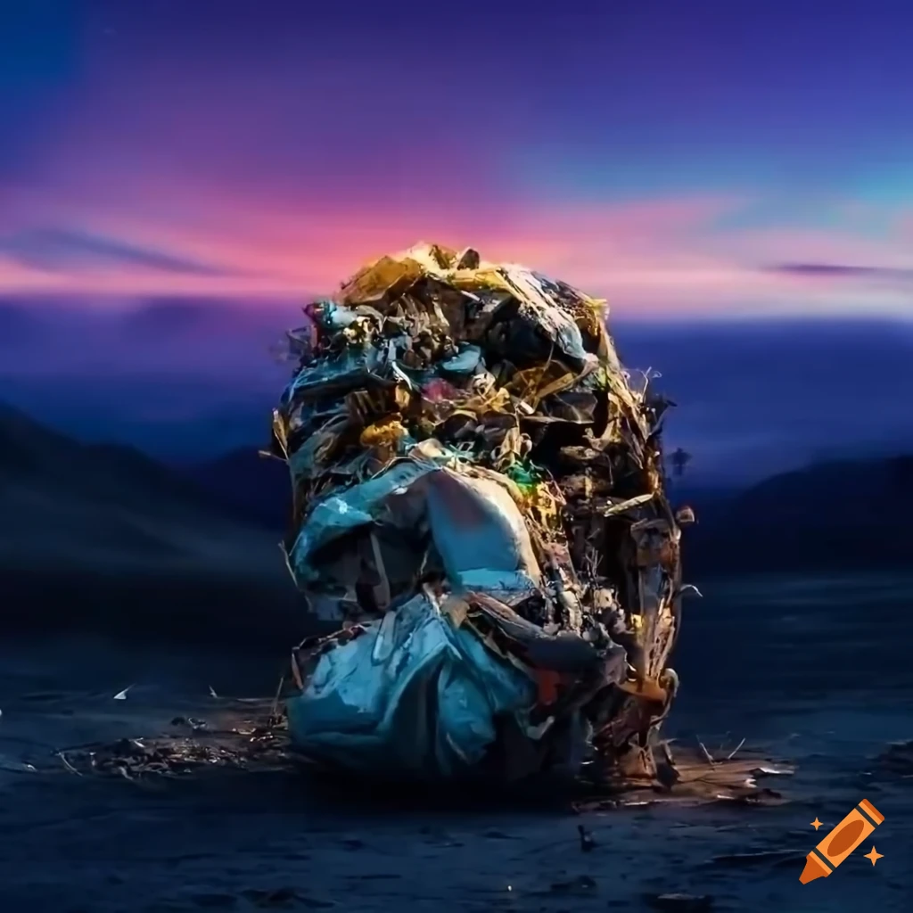 Fallen drapery bomb caught in wired chaos amid junk garbage in a destroyed landscape