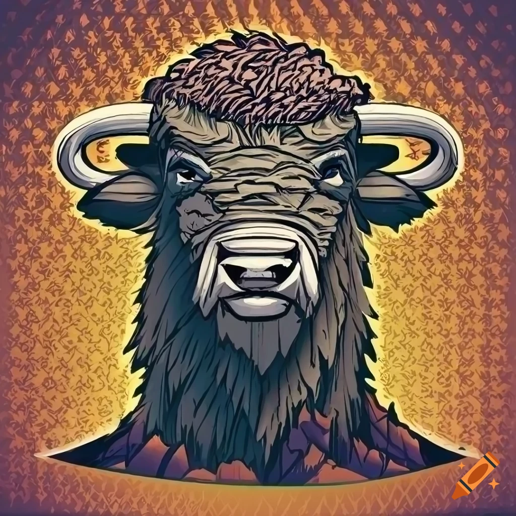 Comic illustration of a bison on a gold mountain draped in rich fabrics