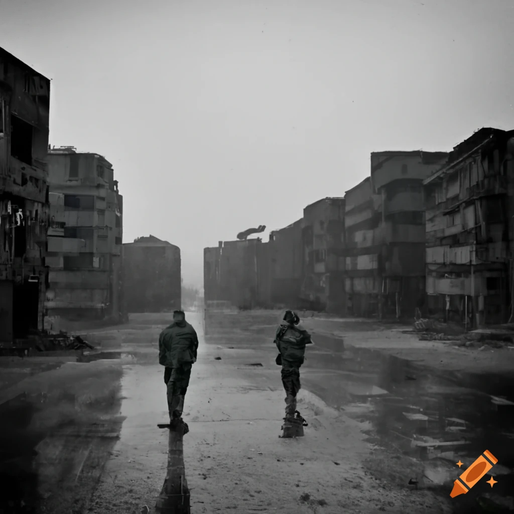 Soldiers standing guard in heavy rain among military tanks and abandoned buildings