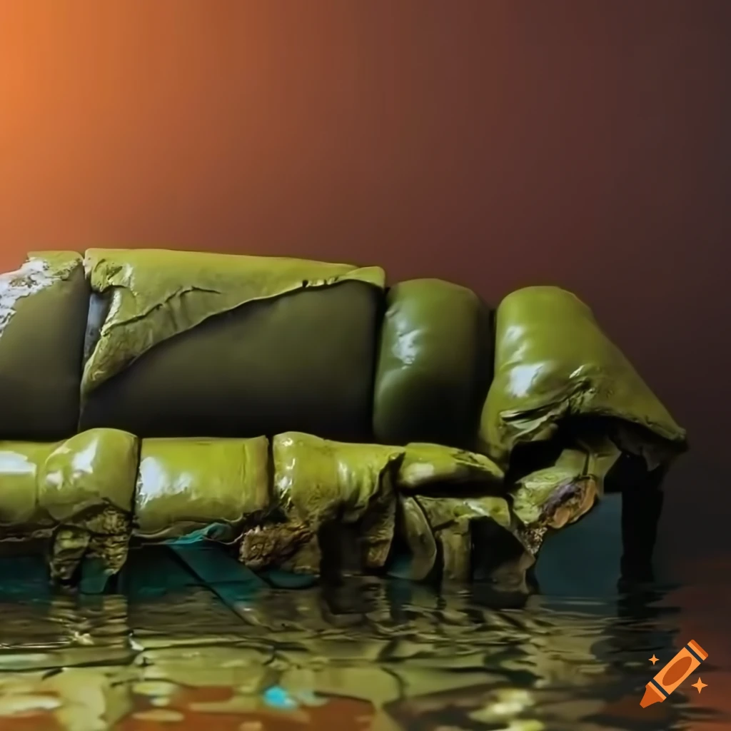 Closeup of a destroyed olive green leather couch in flooded brick