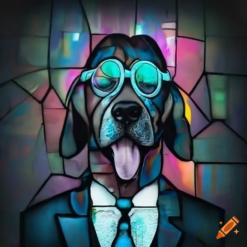 Dog businessman graffiti street art in stained glass style with holographic shades