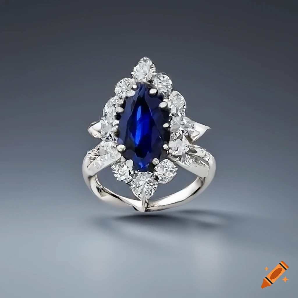 Intricately designed white gold ring with marquise cut white diamond and blue sapphire stones