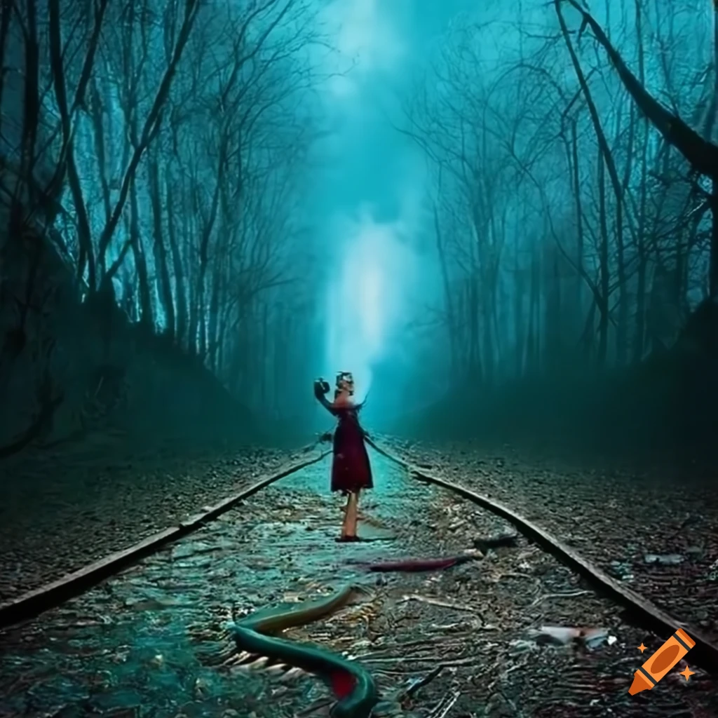 Realistic steampunk style photo of a snake-shaped path in a dark and ...
