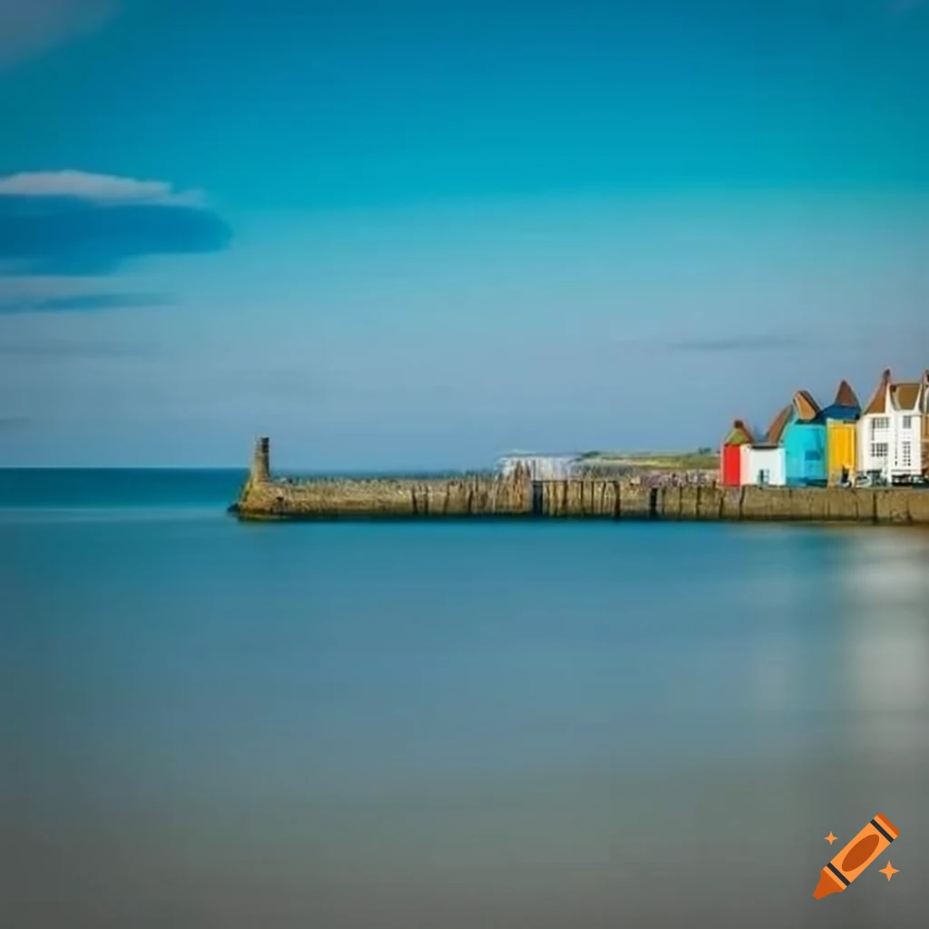 Scenic view of a U.K. seaside resort with blue waters and colorful houses