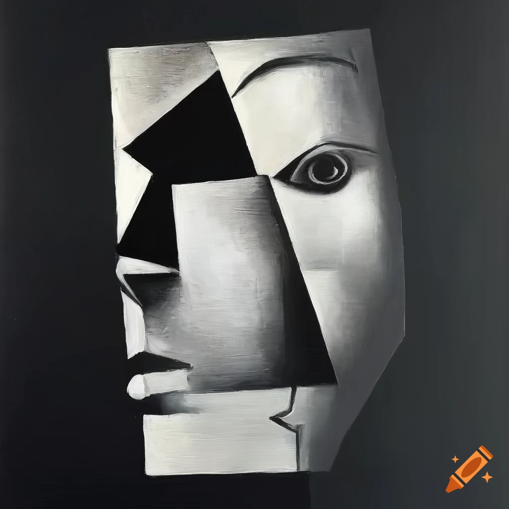Cubism oil painting in Georges Braque style of two women kissing in black and white