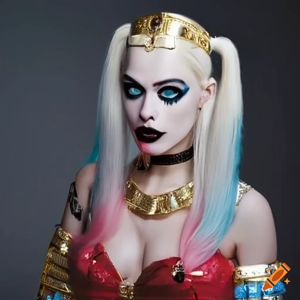Queen Cleopatra portrayed as Harley Quinn with glitter effects